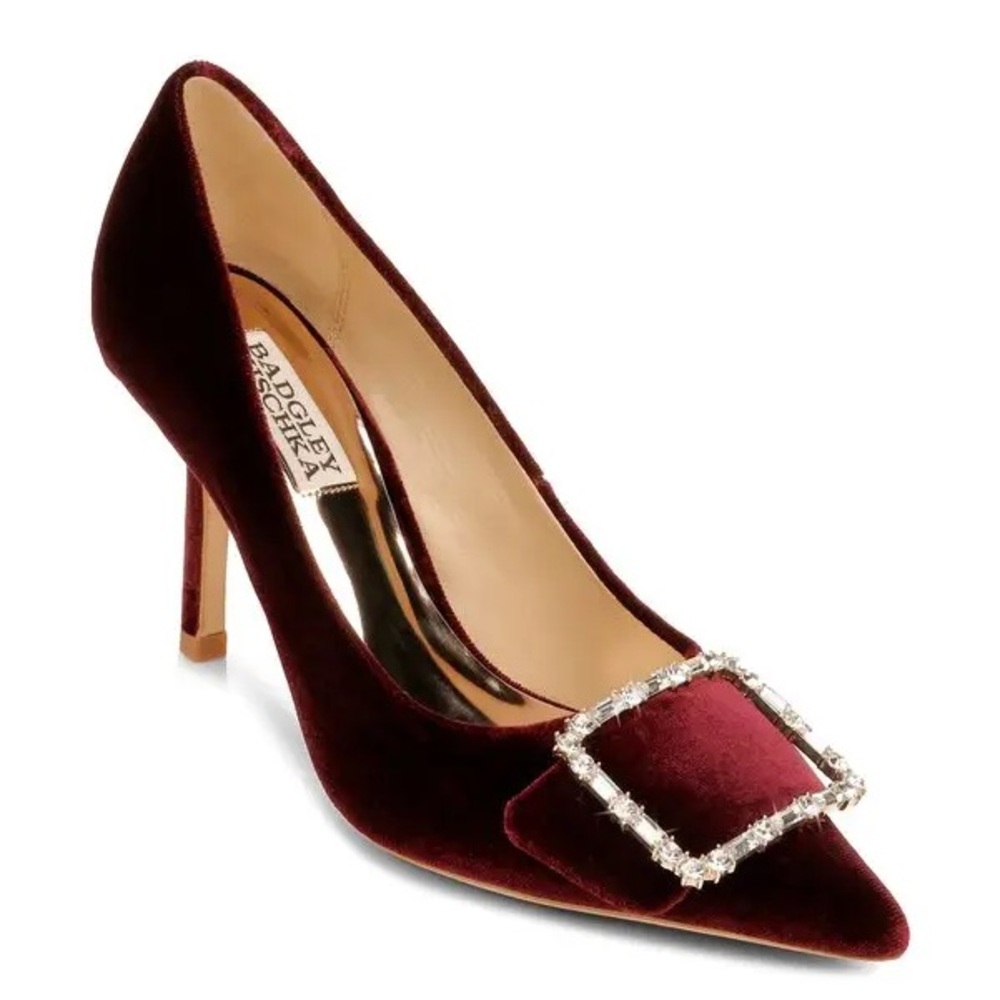 Badgley Mischka Burgundy Velvet Pointed Toe Pumps with Crystal Buckle Accent